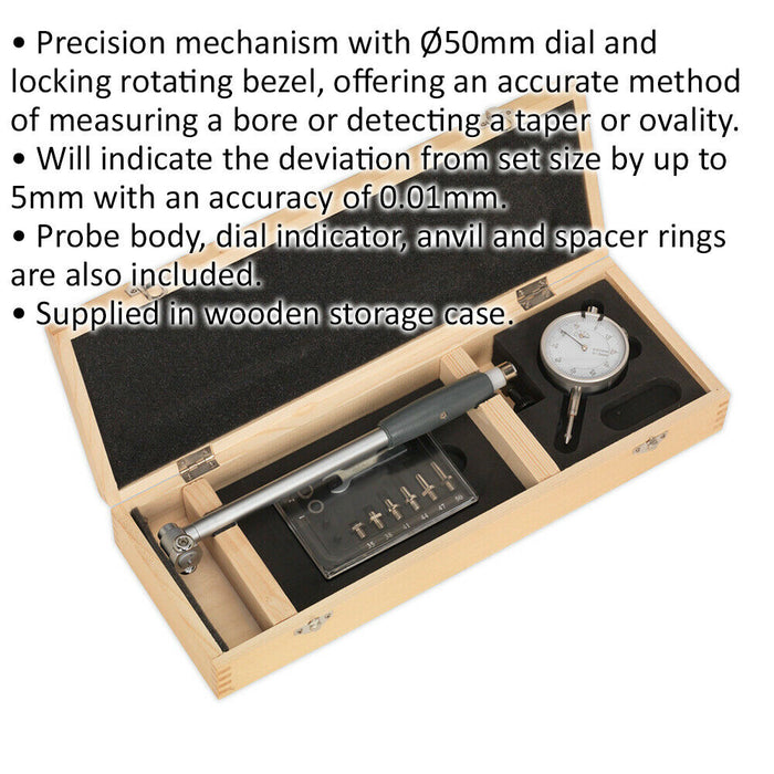 50mm Dial Bore Gauge - 35mm to 50mm Range - Probe Body - Wooden Storage Case Loops