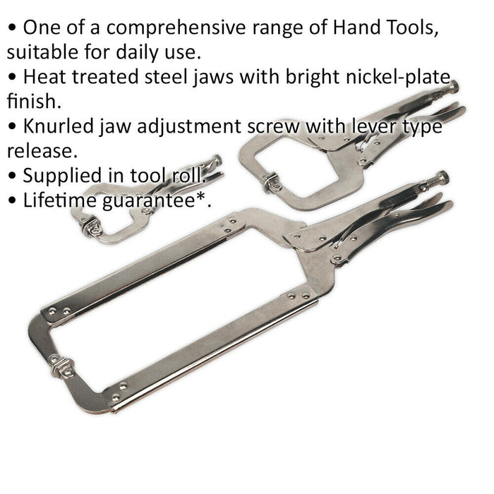 3 Piece Locking C-Clamp Pliers - 170 275 and 450mm Clamps - Nickel Plated Steel Loops