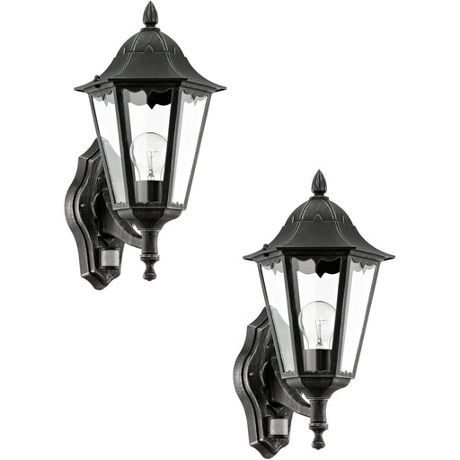 2 PACK IP44 Outdoor Wall Light & PIR Sensor Black & Silver Patina 1x 60W E27 Loops