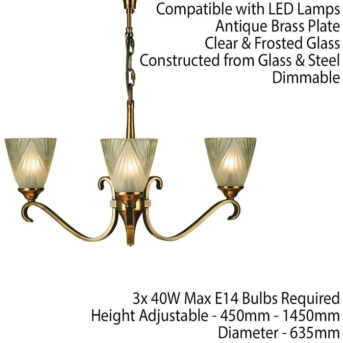 Luxury Hanging Ceiling Pendant Light Antique Brass Deco Glass 3 Lamp Chandelier Loops