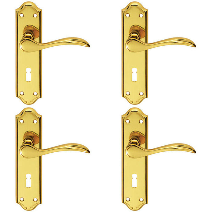 4x PAIR Curved Door Handle Lever on Lock Backplate 180 x 45mm Polished Brass Loops