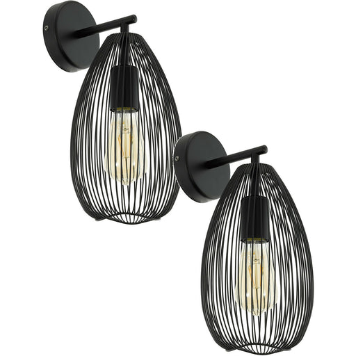 2 PACK LED Wall Light / Sconce Black Steel Wire Cage Shade 1x 60W E27 Bulb Loops