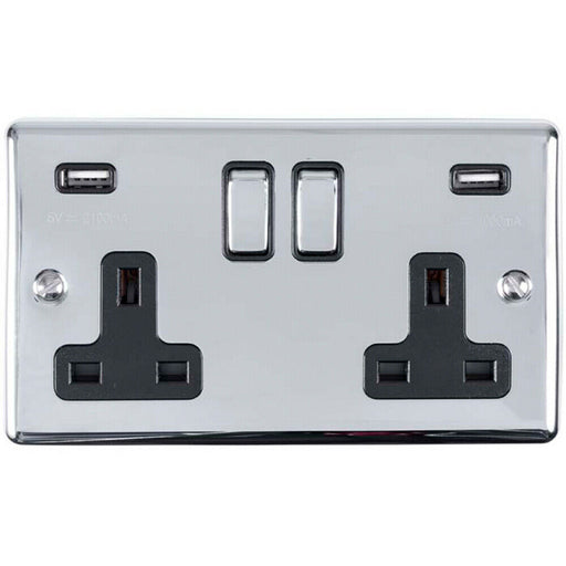2 Gang Single UK Plug Socket & Dual 2.1A USB CHROME & Black 13A Switched Loops