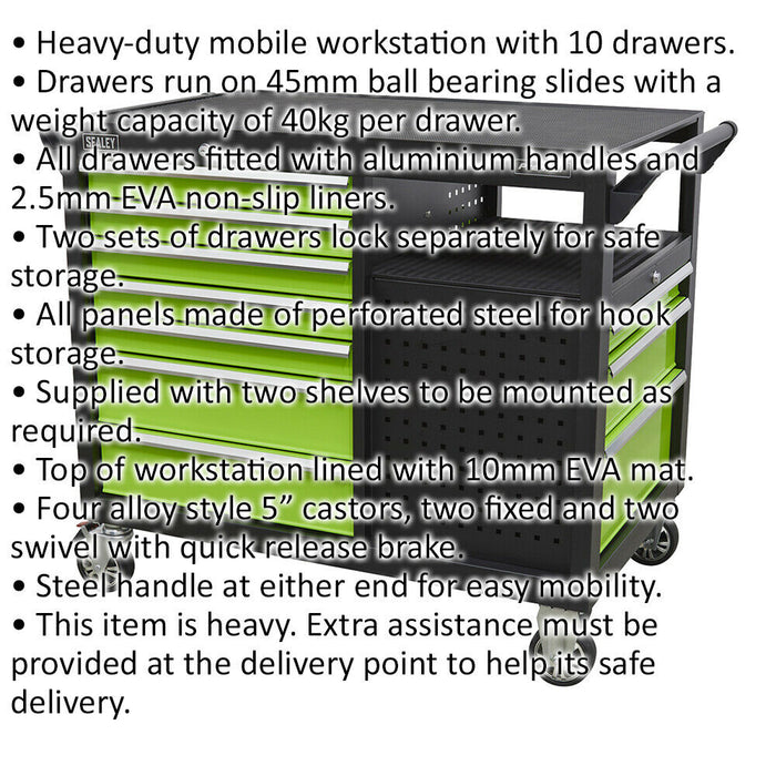 Heavy Duty 10 Drawer Mobile Workstation Trolley - 2 x Open Shelves - 5" Castors Loops