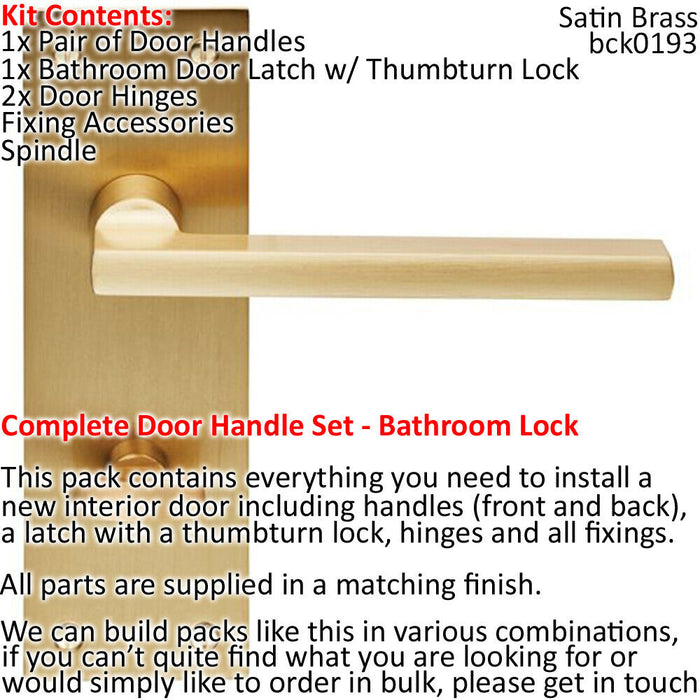 Door Handle & Bathroom Lock Pack Satin Brass Straight Lever Turn Backplate Loops