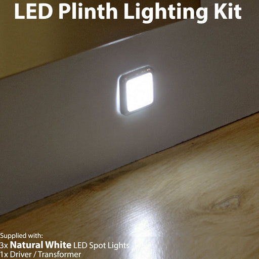Square LED Plinth Light Kit 3 NATURAL WHITE Spotlights Kitchen Bathroom Panel Loops