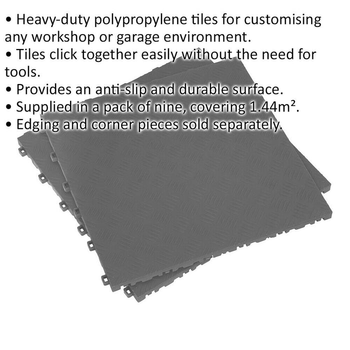 9 PACK Heavy Duty Floor Tile - PP Plastic - 400 x 400mm - Grey Treadplate Loops