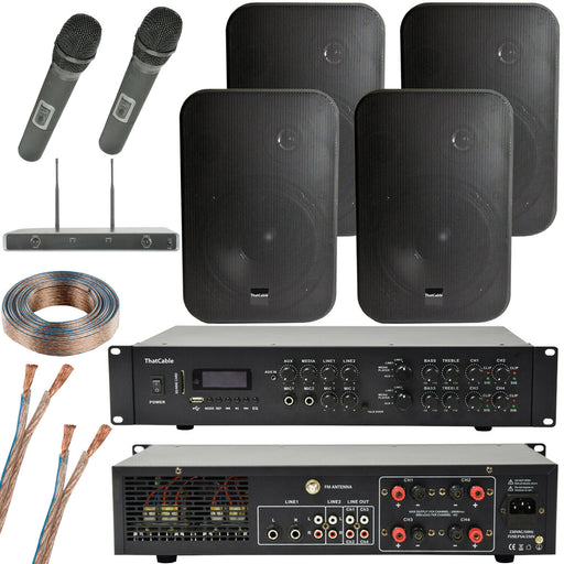 Wireless Microphone Public Address System 4x Black 200W Wall Speakers 800W Amp