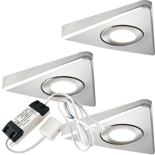 3x 2.6W LED Kitchen Triangle Spot Light & Driver Kit Stainless Steel Warm White Loops