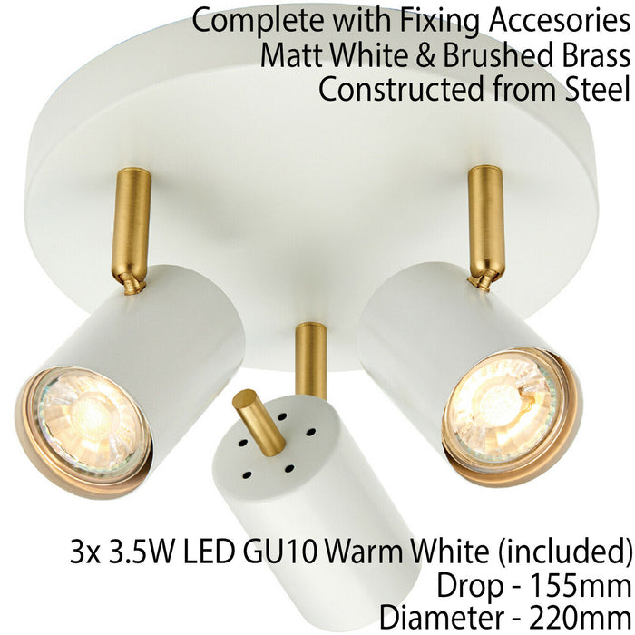 LED Tilting Ceiling Spotlight White & Brass Triple Warm White Kitchen Down Light Loops