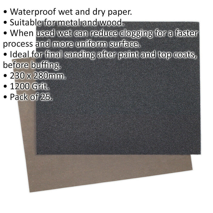 25 PACK Wet & Dry Abrasive Sand Paper - 230 x 280mm - 1200 Grit - Waterproof Loops