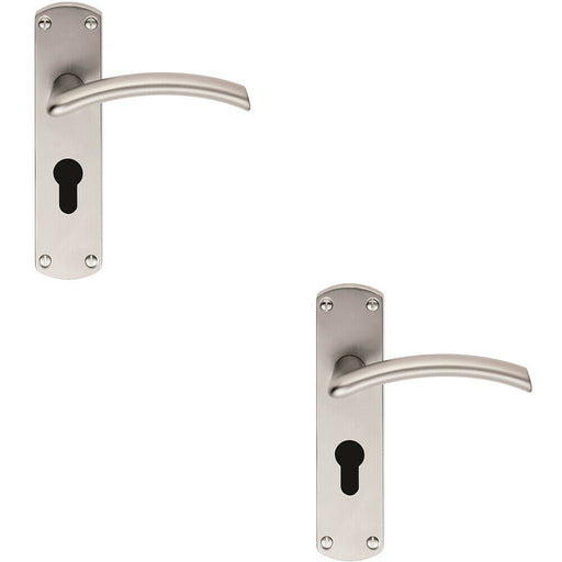 2x Arched Lever on Euro Lock Backplate Door Handle 170 x 42mm Satin Chrome Loops