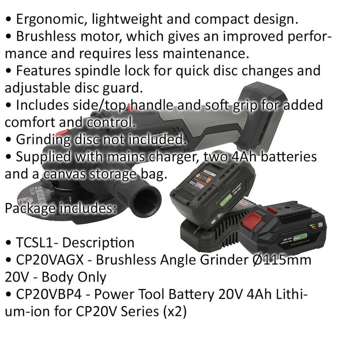 20V Brushless Angle Grinder Kit - Includes 2 x 4Ah Batteries & Charger - Bag Loops