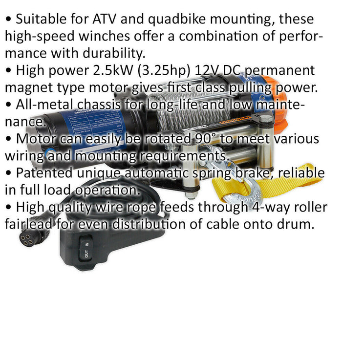 12V ATV Quadbike Recovery Winch - 2040kg Line Pull - All Metal Chassis Loops