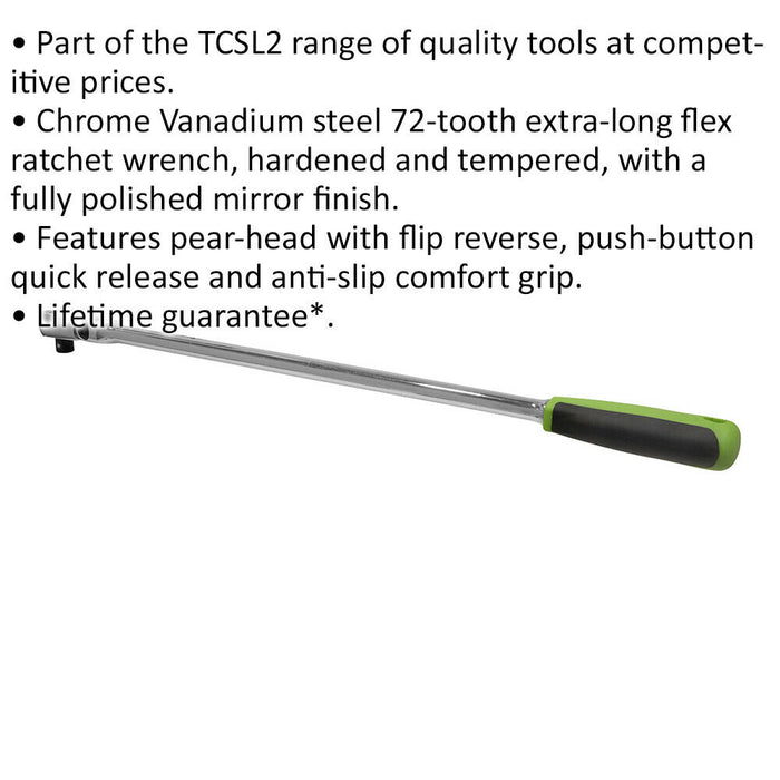 Extra Long 72-Tooth Flip Reverse Ratchet Wrench - 1/2 Inch Sq Drive - Flexi-Head Loops