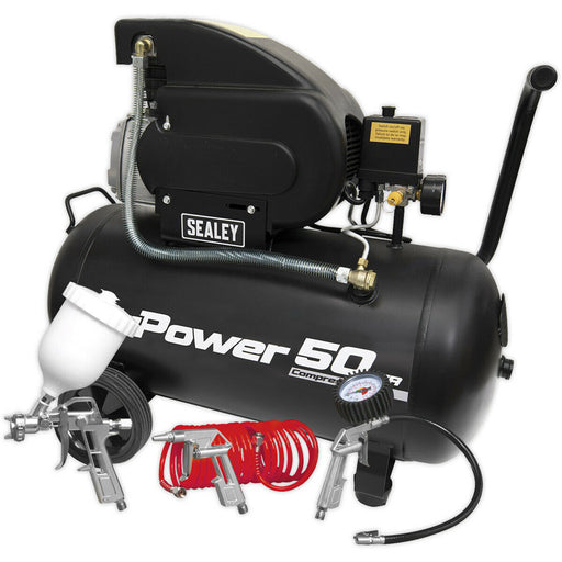 50L Direct Drive Air Compressor with 4 Piece Accessory Kit - 2hp Induction Motor Loops