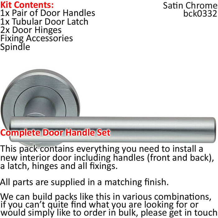 Door Handle & Latch Pack Satin Chrome Straight T Bar Screwless Round Rose Loops