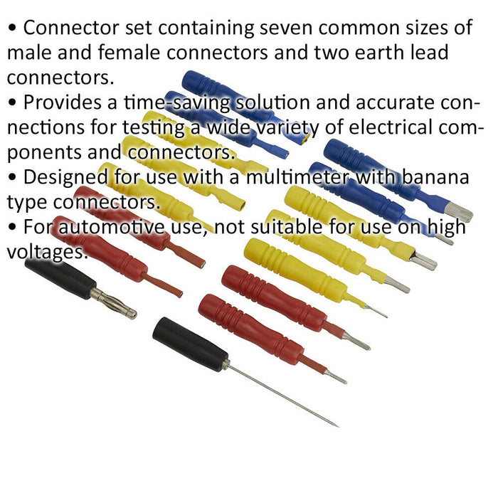 16 Piece Test Lead Connector Set - Male & Female Connectors - Earth Leads Loops