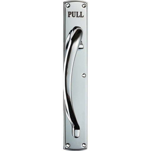 Curved Left Handed Door Pull Handle Engraved with 'Pull' Polished Chrome Loops