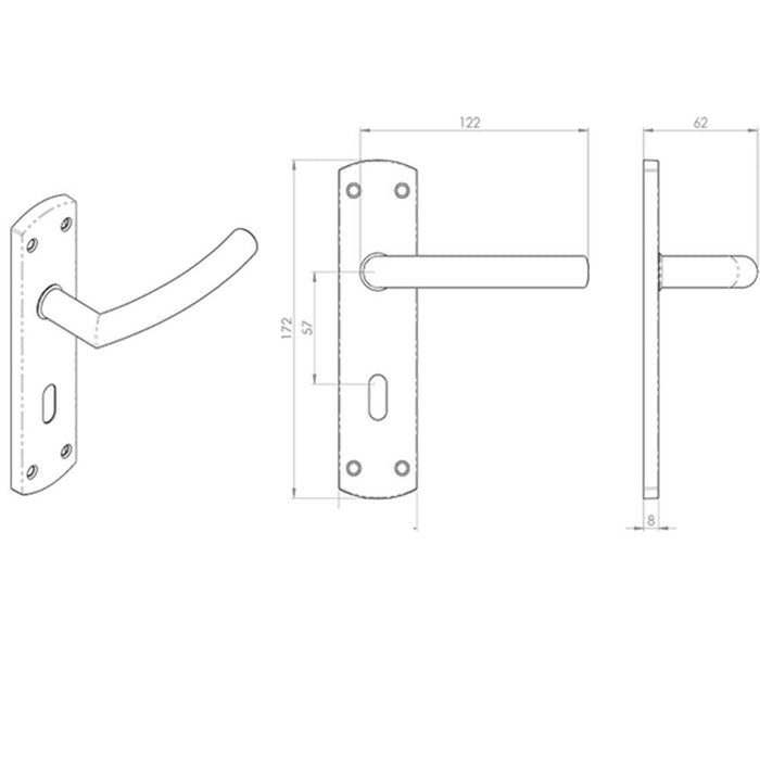 4x Curved Bar Lever Door Handle on Lock Backplate 172 x 44mm Satin Steel Loops