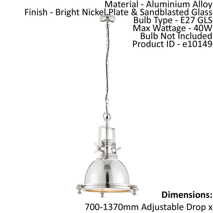 Ceiling Pendant Light Bright Nickel Plate & Sandblasted Glass 40W E27 GLS Loops