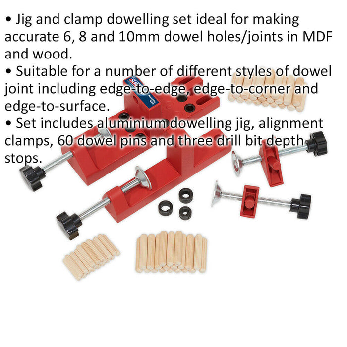 Universal Dowelling Jig Set - 6mm 8mm & 10mm Guides - Jig & Clamp Combo Loops