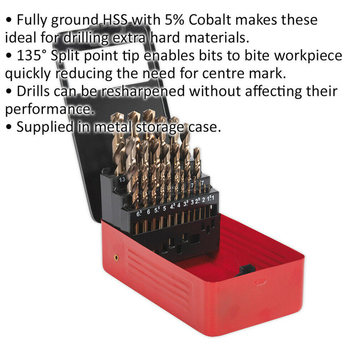 25 Piece Fully Ground HSS Cobalt Drill Bit Set - 1mm to 13mm - Split Point Tip Loops