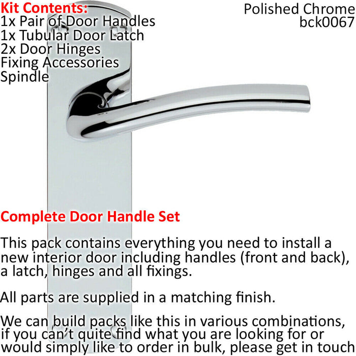 Door Handle & Latch Pack Chrome Rounded Arched Lever on Backplate 170 x 42mm Loops