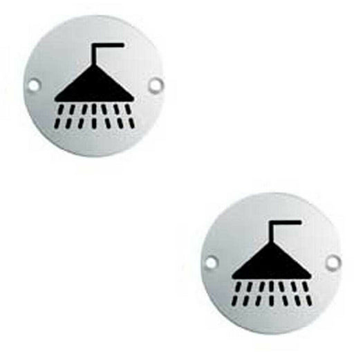 2x Bathroom Door Shower Symbol Sign 64mm Fixing Centres 76mm Dia Satin Steel Loops
