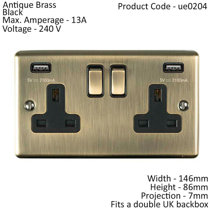 2 Gang Single UK Plug Socket & Dual 2.1A USB ANTIQUE BRASS & Black 13A Switched Loops