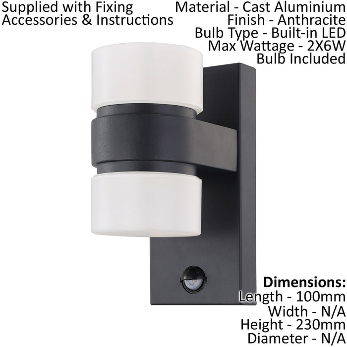 IP44 Outdoor Wall Light & PIR Sensor Anthracite Aluminium 6W Built in LED Loops