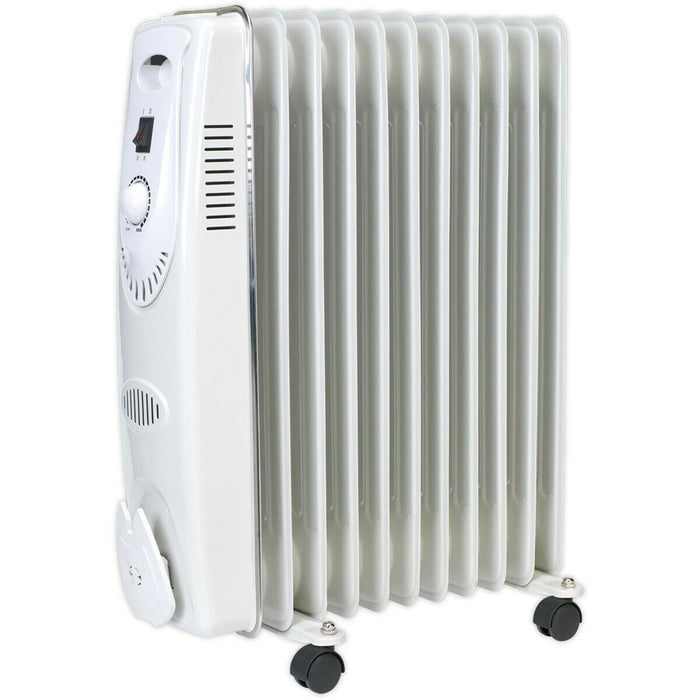 2500W 11 Element Oil-Filled Radiator - Thermostat Control - Castor Wheels - 230V Loops