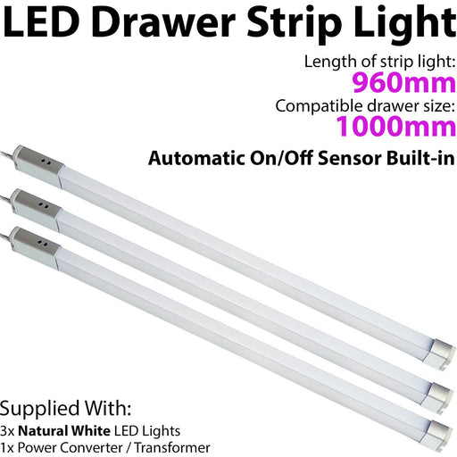 3x 1000mm LED Drawer Strip Light AUTO ON/OFF PIR SENSOR Kitchen Cupboard Door Loops
