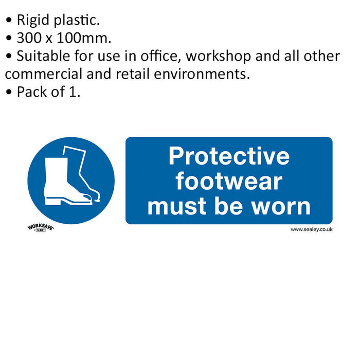 1x FOOT PROTECTION MUST BE WORN Safety Sign - Rigid Plastic 300 x 100mm Warning Loops