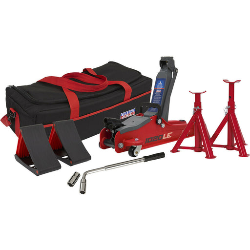 Short Chassis Trolley Jack Kit - Axle Stands & Wheel Chocks - Wrench Set - Red Loops