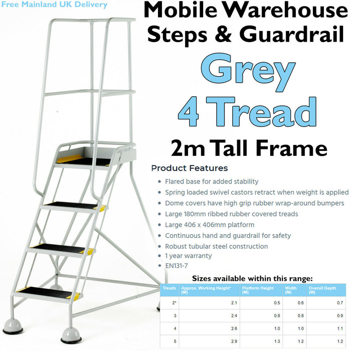 4 Tread Mobile Warehouse Steps & Guardrail GREY 2m Portable Safety Stairs Loops