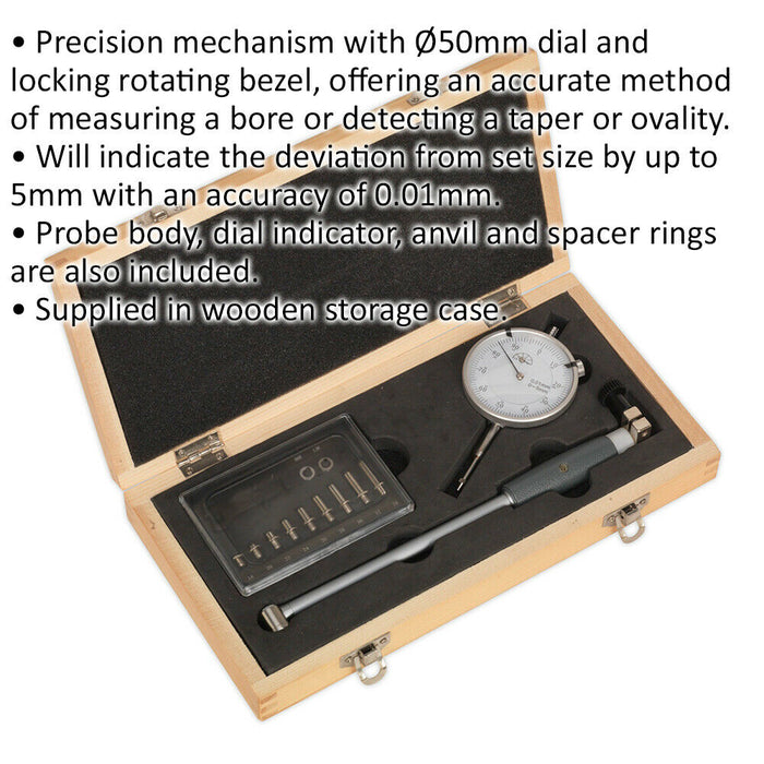 50mm Dial Bore Gauge - 18mm to 35mm Range - Probe Body - Wooden Storage Case Loops