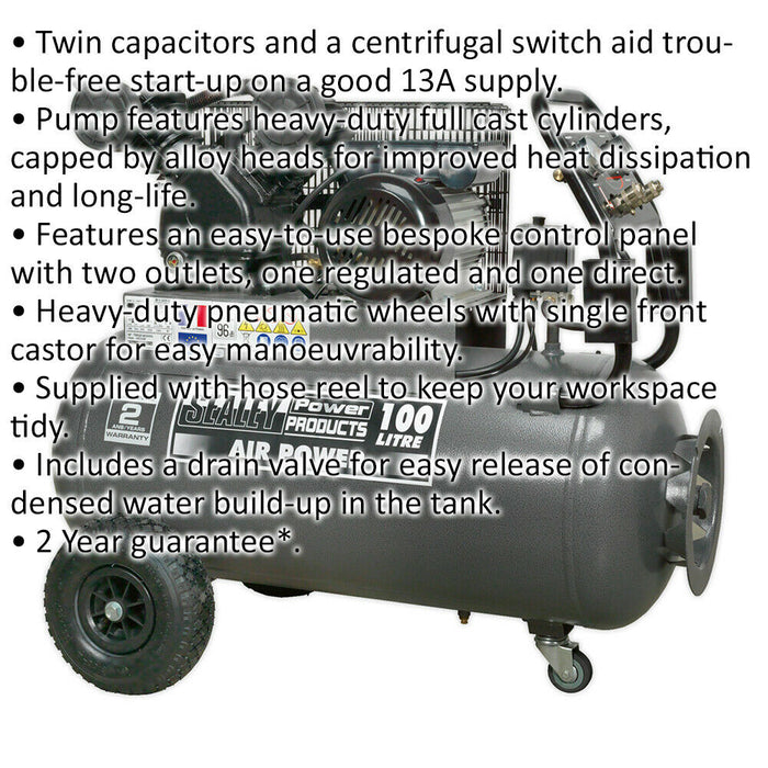 100 Litre Belt Drive Air Compressor - Front Control Panel - 3hp Electric Motor Loops