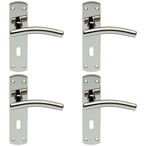 4x Curved Lever on Euro Backplate Door Handle 172 x 44mm Polished & Satin Steel Loops