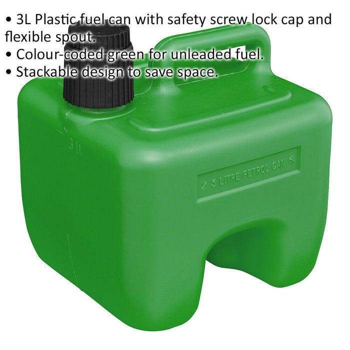 3L Stackable Plastic Fuel Can - Safety Screw Lock Cap - Flexible Spout - Green Loops