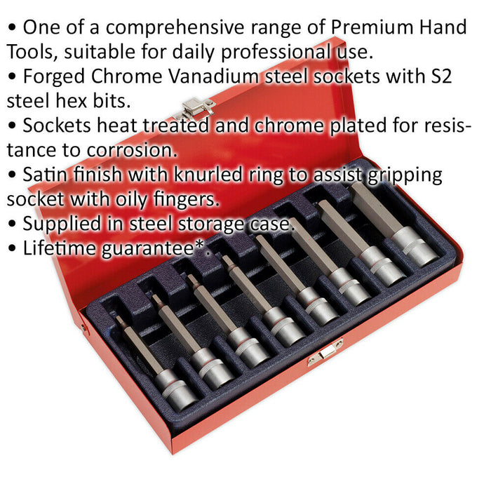 8pc METRIC Hex Key Socket Bit Set - 1/2" Square Drive - 5mm to 17mm x 100mm Long Loops