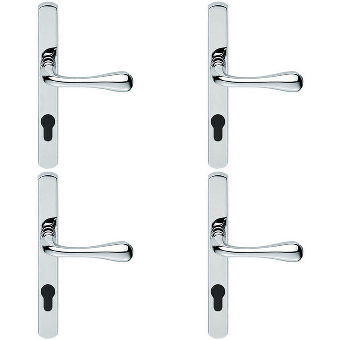 4x PAIR Flared Lever on Narrow Euro Lock Backplate 208 x 26mm Polished Chrome Loops