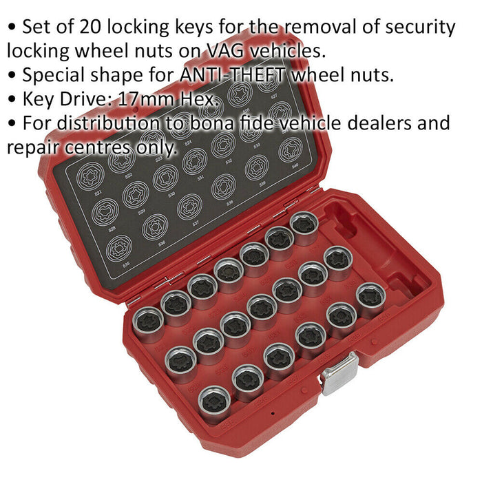 20pc Locking Wheel Nut Key Set - DEALERS/REPAIR CENTRES ONLY - For VAG Vehicles Loops