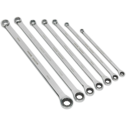 7pc Double Ended Fixed & Ratchet Ring Spanner Set -12 Point Metric Socket Wrench Loops