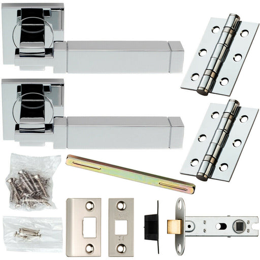 Door Handle & Latch Pack Chrome Etched Cube Sleek Bar on Screwless Square Rose Loops