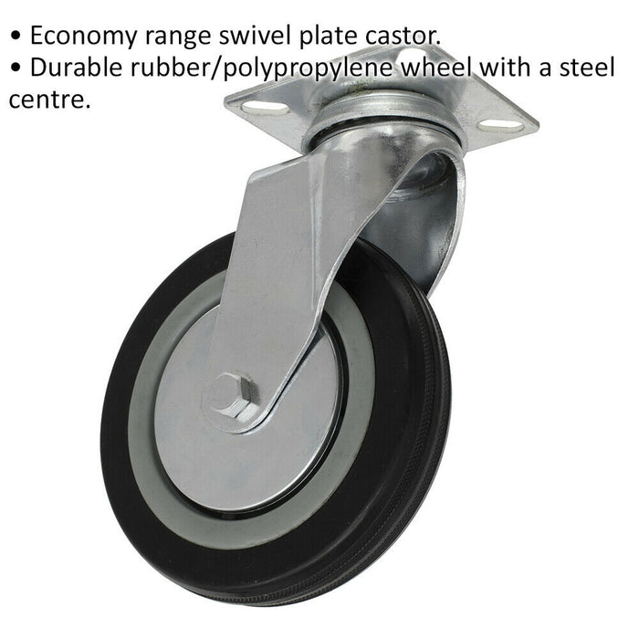 125mm Swivel Plate Castor Wheel - Rubber with Steel Centre - 27mm Tread Loops