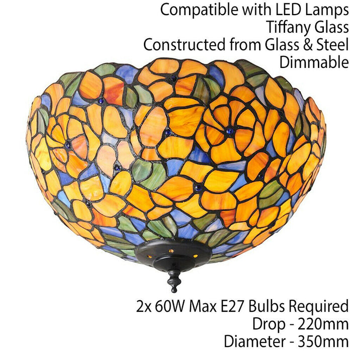 Tiffany Glass Semi Flush Ceiling Light Yellow Flower Round Inverted Shade i00052 Loops