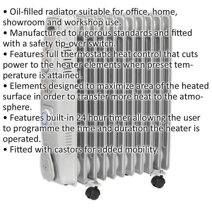 2500W 11 Element Oil-Filled Radiator - Thermostat & Timer - Castor Wheels - 230V Loops
