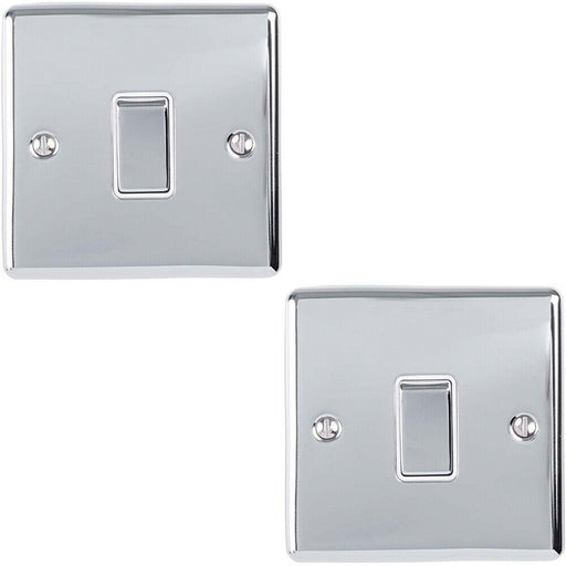 2 PACK 1 Gang Single Metal Light Switch POLISHED CHROME 2 Way 10A White Trim Loops