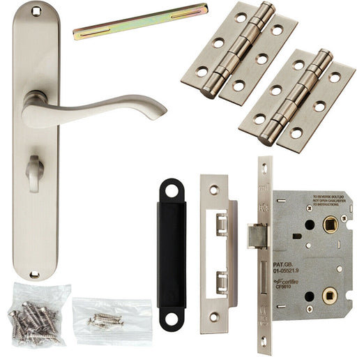 Door Handle & Bathroom Lock Pack Satin Chrome Scroll Round Tall Slim Backplate Loops